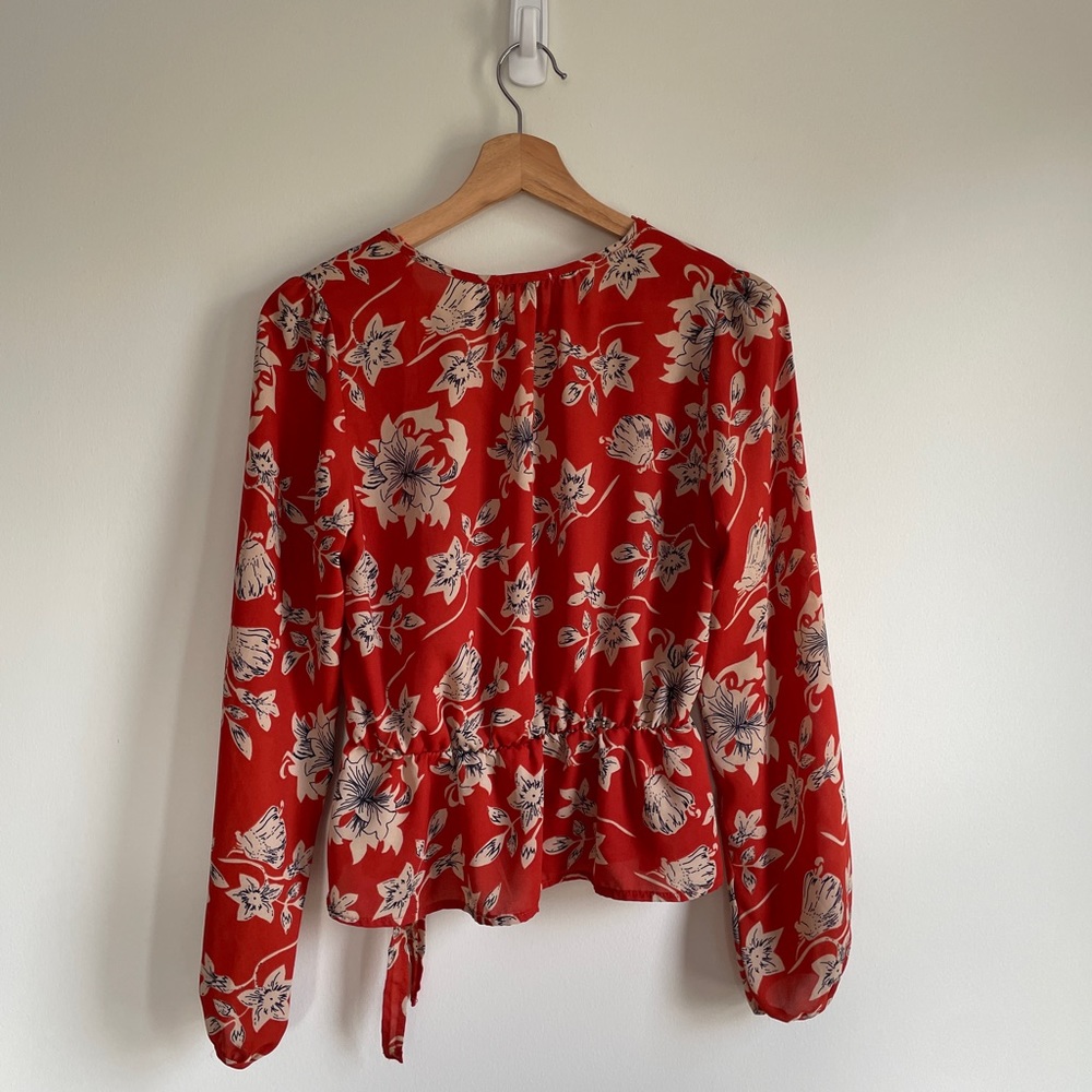 Sienna Sky Burnt Orange Floral Peplum Long Bubble Sleeve Blouse